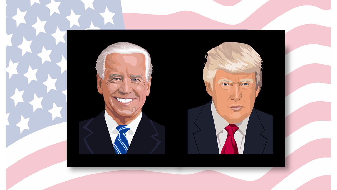 elezioni americane. ritratti di biden e trump su sfondo bandiera USA